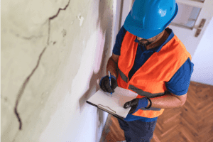 - Pinnacle Structural Services A professional home foundation inspection taking place with a man in a hardhat looking a cracked wall